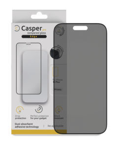 Casper Pro Edge privacy-beskyttelsesglas til iPhone 15 Plus / 16 Plus i detailemballage