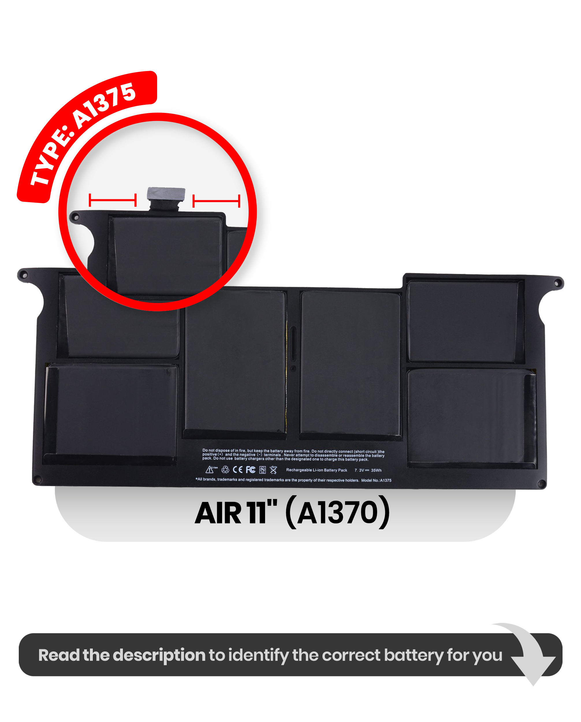 MobileSentrix MacBook Air 11 A1370 2010 batteri A1375 — eksempelfoto, varenummer og variant skal bekræftes.