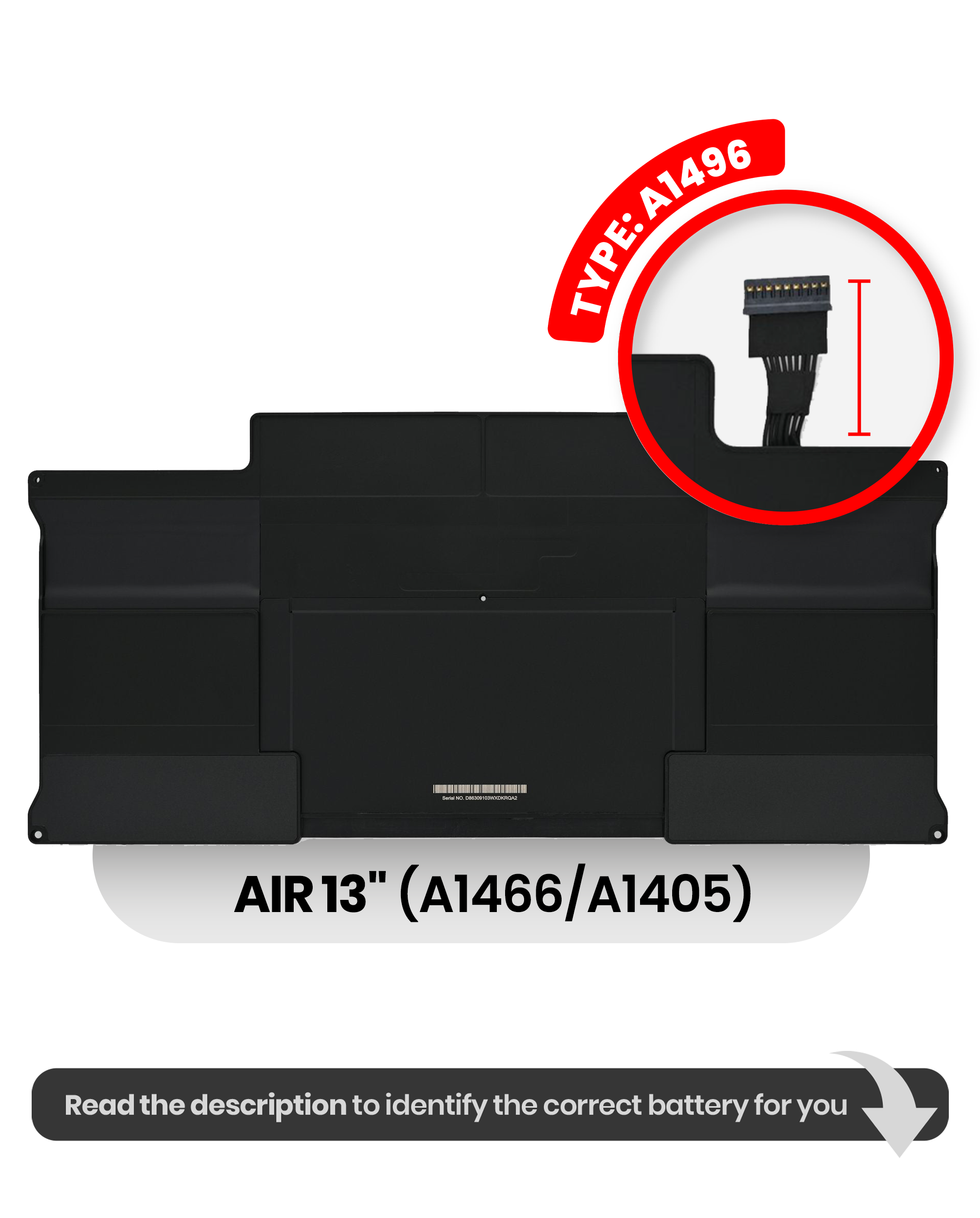 Eksempelfoto fra MobileSentrix: MacBook Air A1466 batteri A1496; kontroller variant før salg