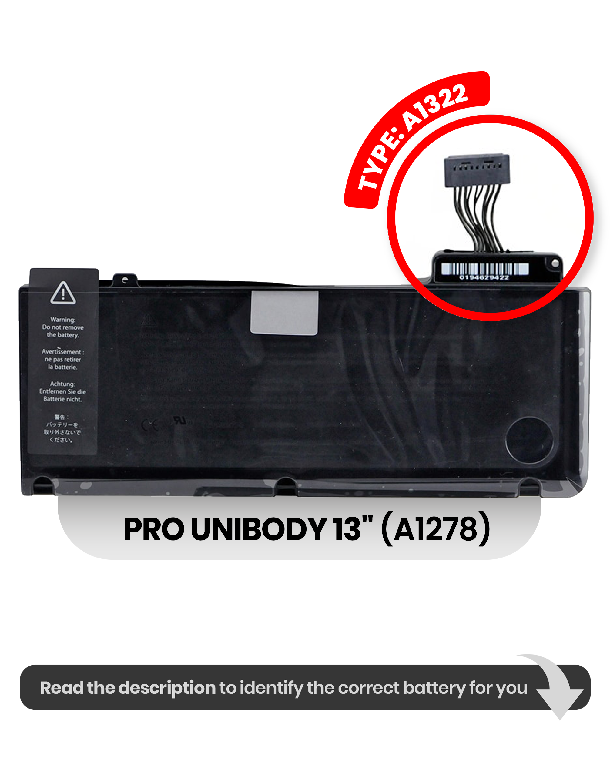 MobileSentrix-eksempelfoto til MacBook Pro 13 A1278 batteri A1322. Batterivariant skal kontrolleres.