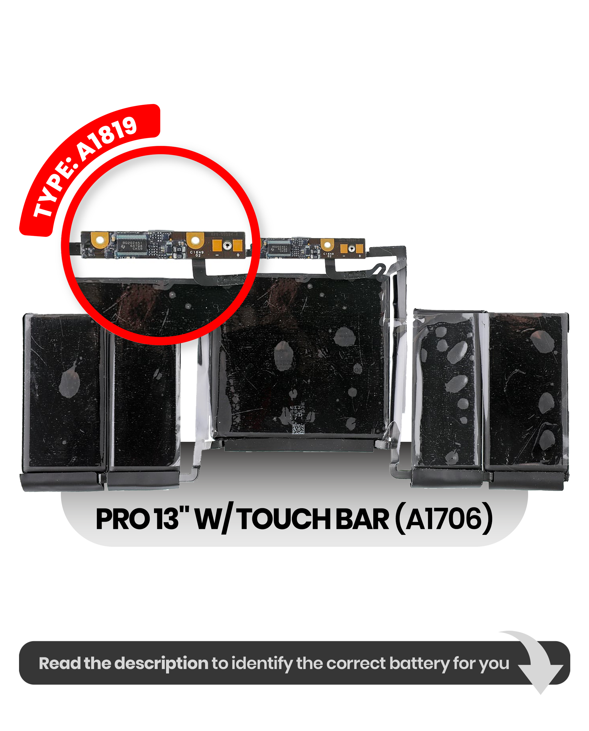 MobileSentrix MacBook Pro 13 A1706 batteri A1819 — eksempelfoto, varenummer og variant skal bekræftes.