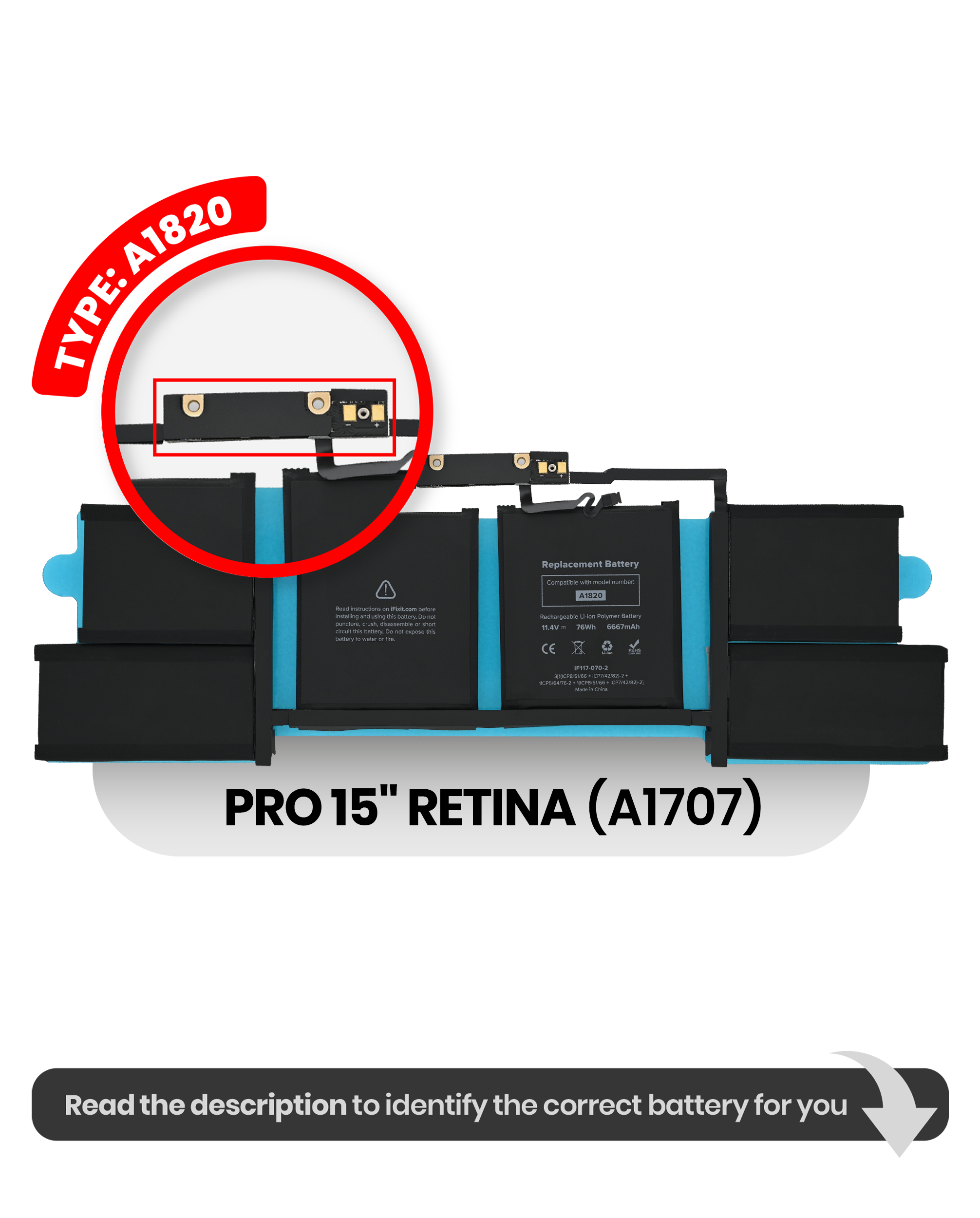 MobileSentrix MacBook Pro A1707 batteri A1820; billedmatch foreløbig