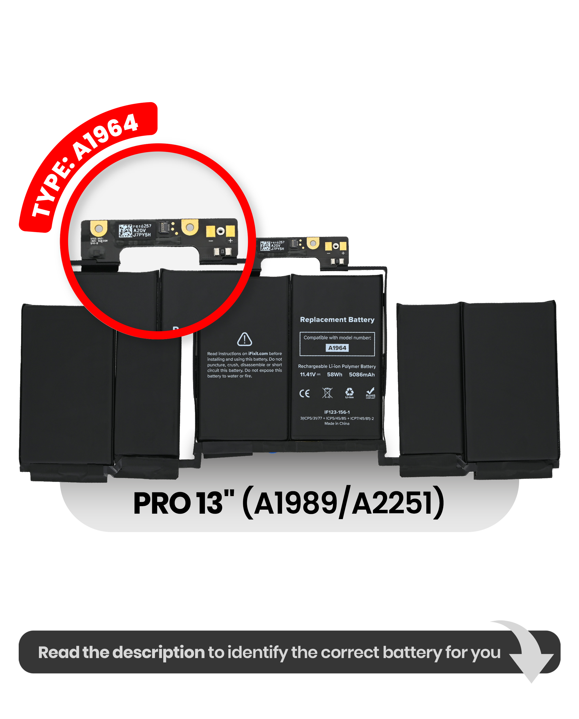 Eksempelfoto fra MobileSentrix: MacBook Pro A1989 A2251 batteri A1964; kontroller variant før salg