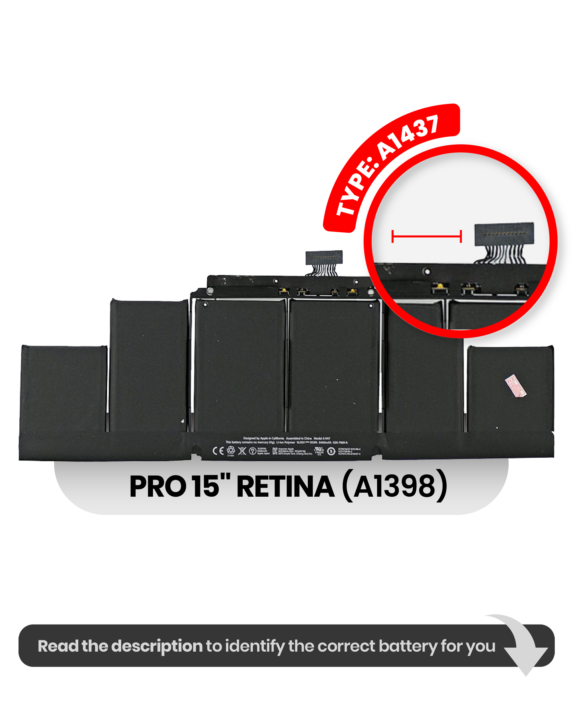 MobileSentrix MacBook Pro Retina 15 A1398 batteri A1417. Eksempelfoto til produktkort, præcist varenummer skal bekræftes.