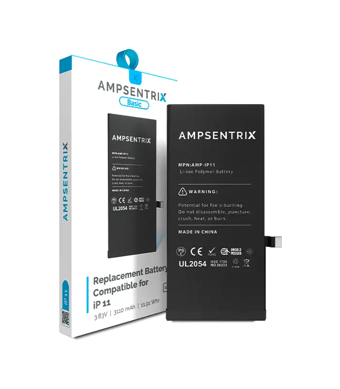 Leverandør-/eksempelfoto af kompatibelt batteri til iPhone 11. MobileSentrix AmpSentrix Basic; præcis leverandørvariant skal kontrolleres.