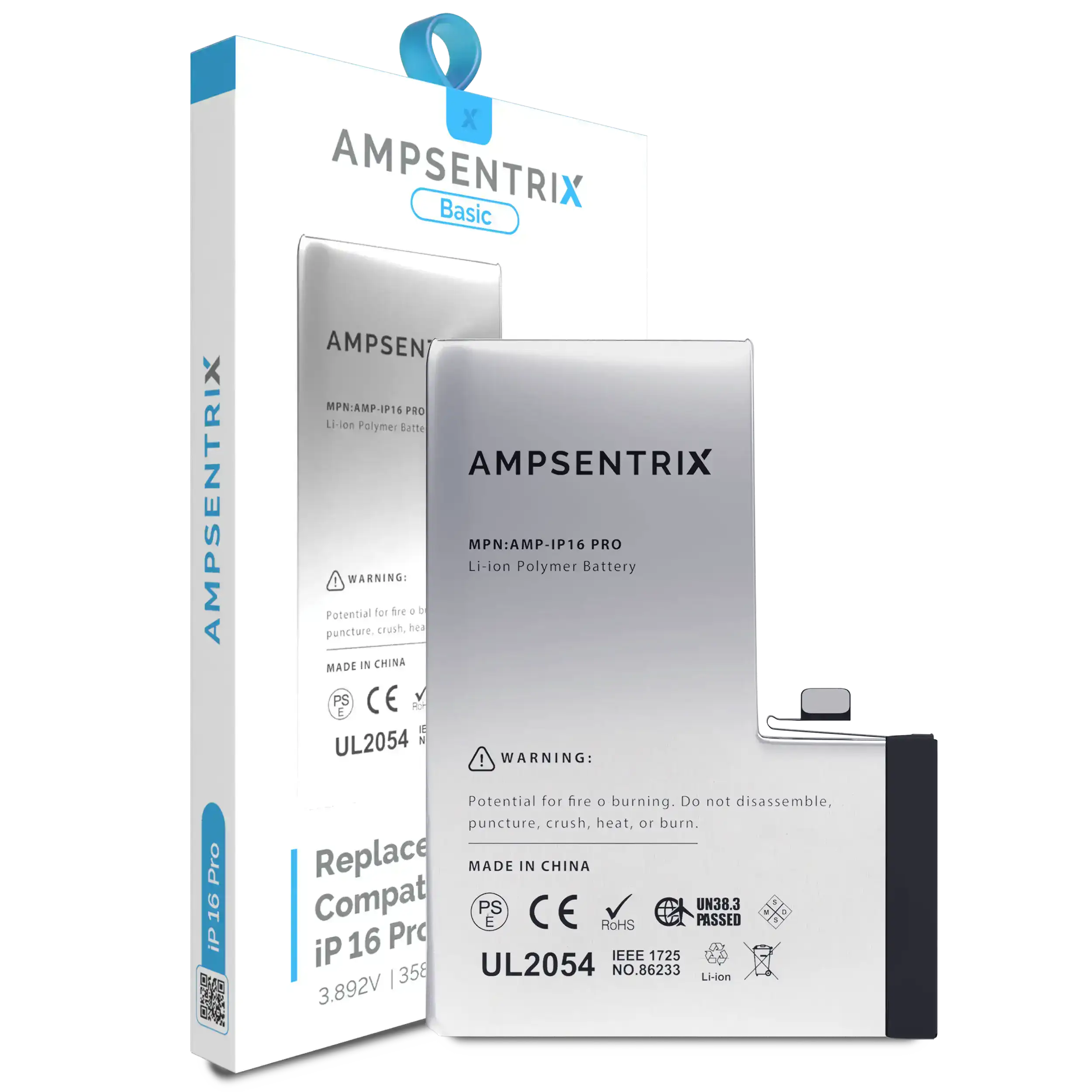 MobileSentrix AmpSentrix Basic batteri til iPhone 16 Pro. Eksempelfoto, kontroller præcis vare.