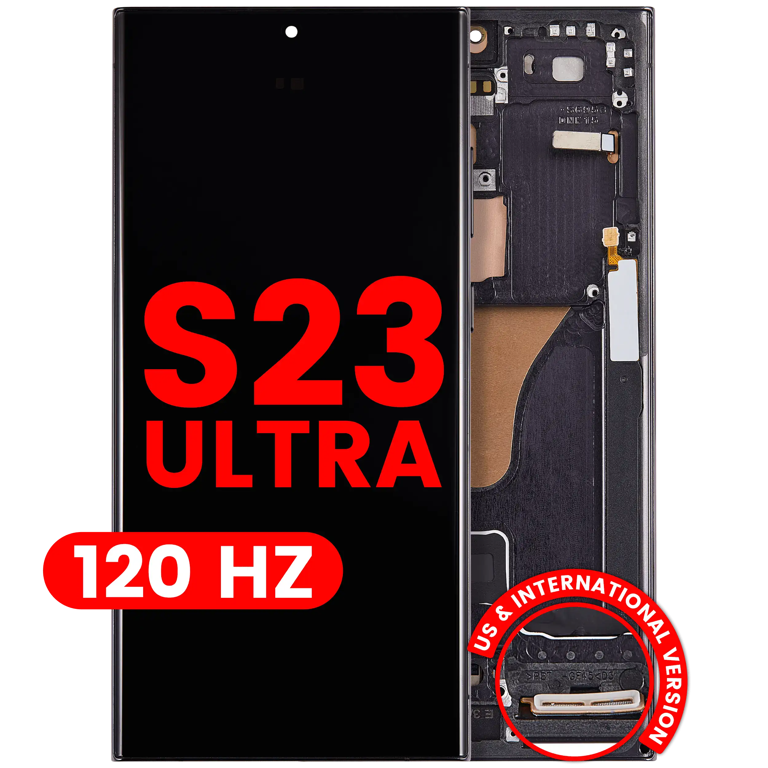 MobileSentrix OLED Assembly With Frame For Samsung Galaxy S23 Ultra (US & International) (Aftermarket Plus) (120Hz) (Phantom Black); eksempelfoto, leverandørvarenummer skal bekræftes.