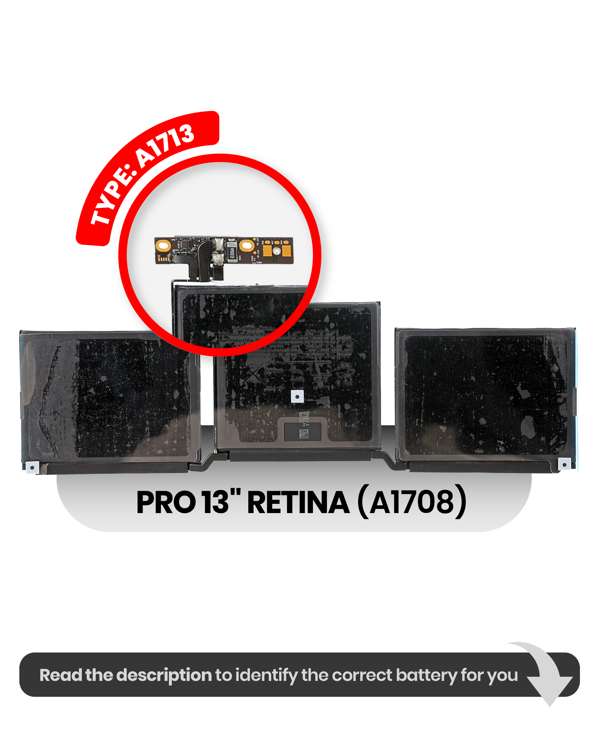 MobileSentrix Battery (A1713) Compatible For MacBook Pro 13" Retina (A1708 Late 2016 / Mid 2017); eksempelfoto for MacBook-reservedel.