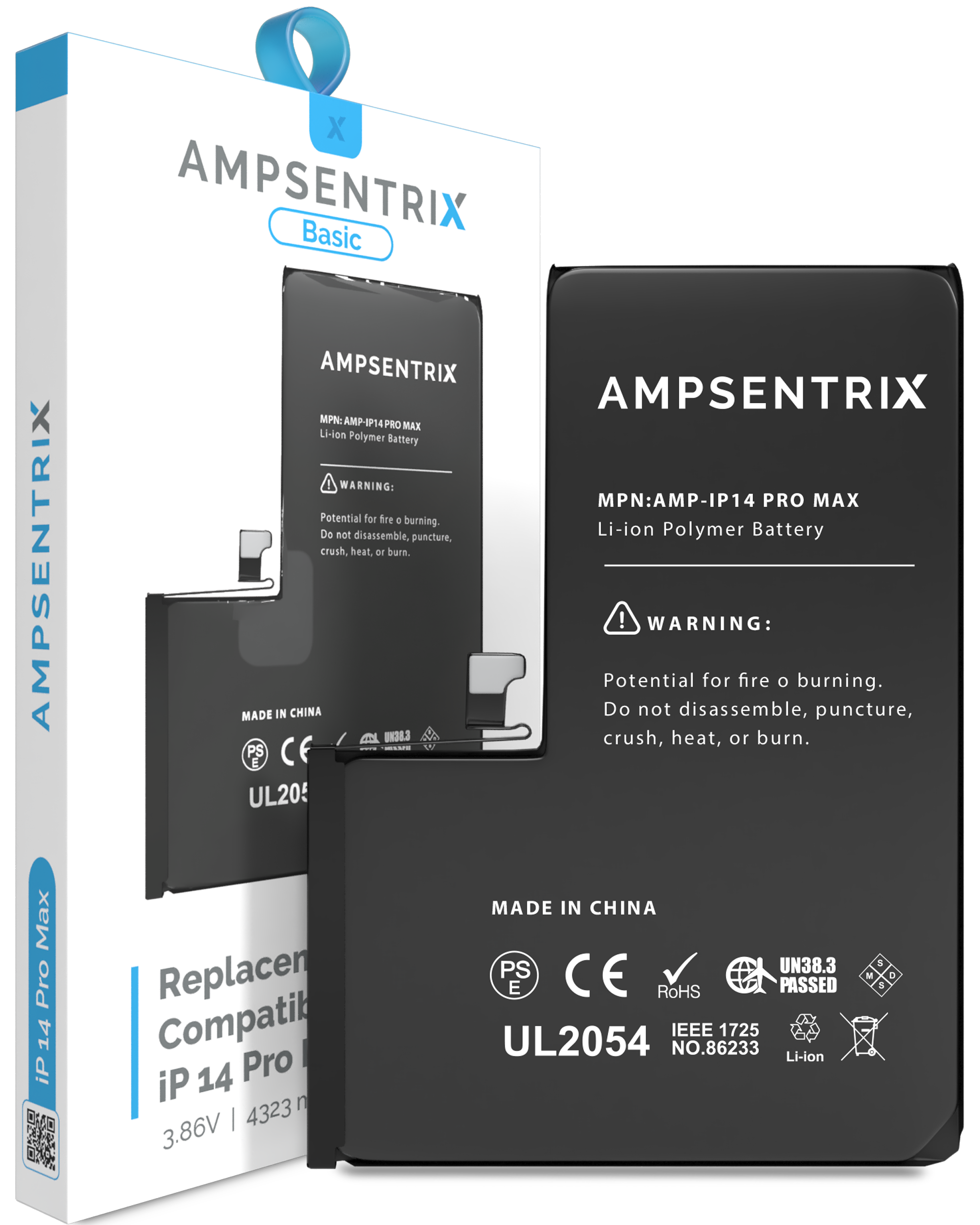 MobileSentrix Replacement Battery Compatible For iPhone 14 Pro Max (AmpSentrix Basic). Eksempelfoto, præcist SKU ikke bekræftet.