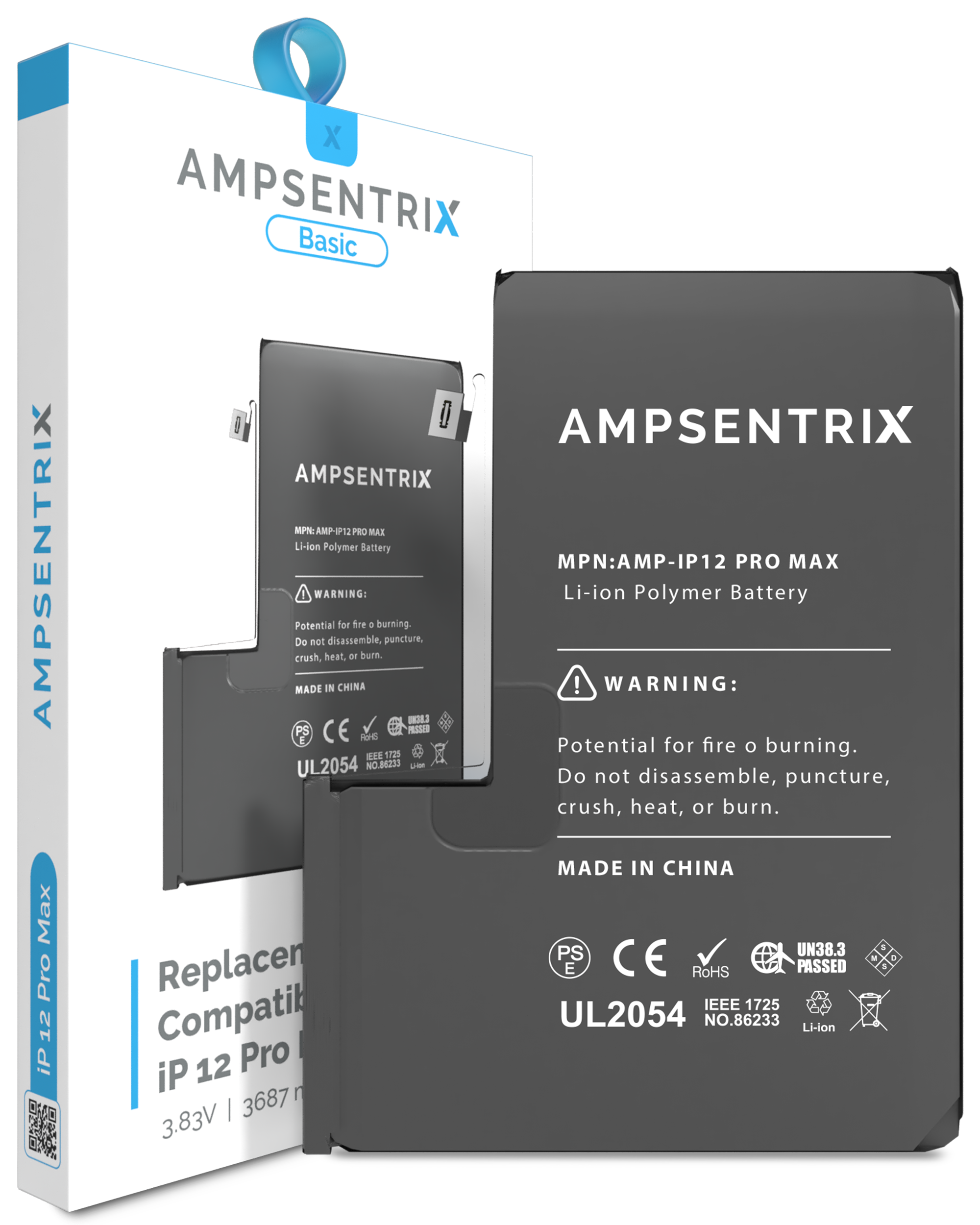 MobileSentrix Replacement Battery Compatible For iPhone 12 Pro Max (AmpSentrix Basic). Eksempelfoto, præcist leverandørvarenummer ikke bekræftet.