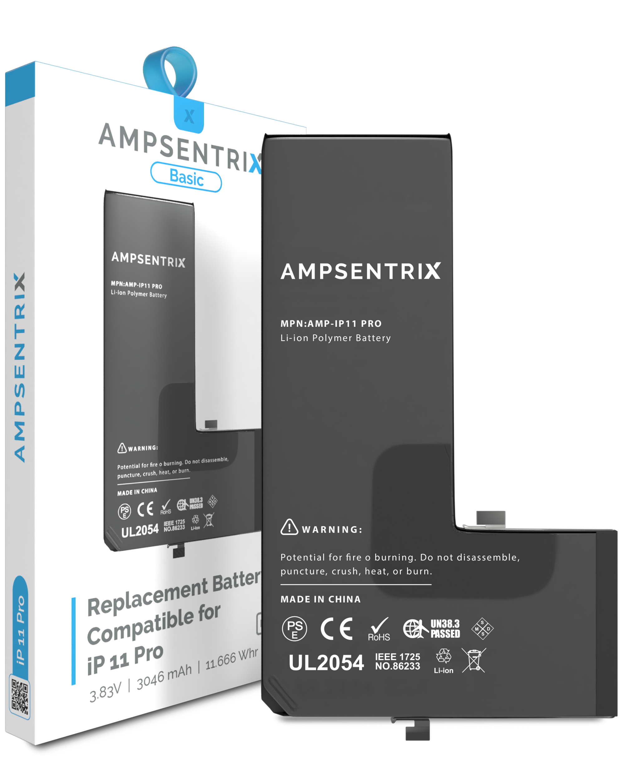 MobileSentrix Replacement Battery Compatible For iPhone 11 Pro (AmpSentrix Basic). Eksempelfoto, leverandør-SKU skal bekræftes.