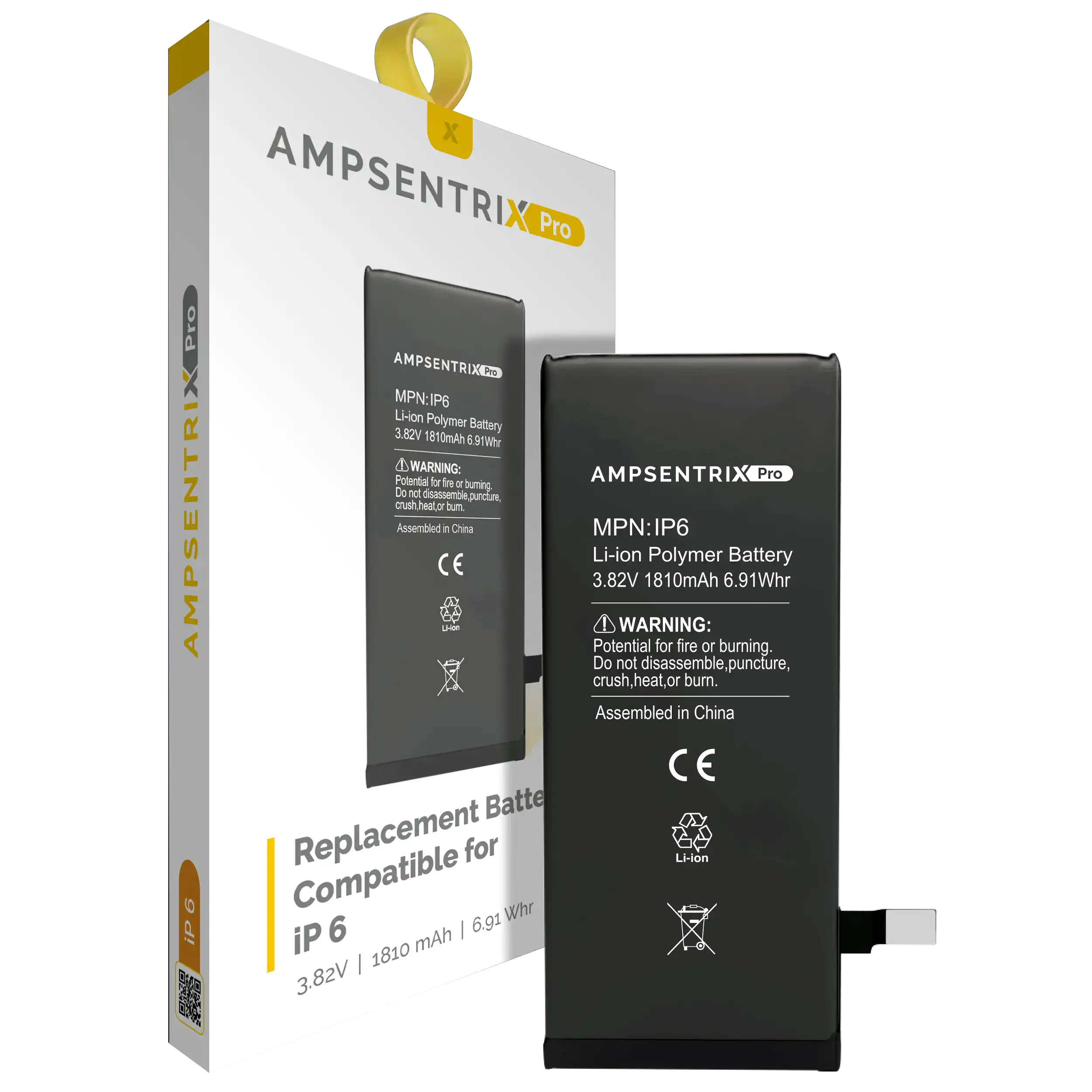 MobileSentrix Replacement Battery For iPhone 6 (AmpSentrix Pro); eksempelfoto, nøjagtig kvalitetsvariant ikke bekræftet.