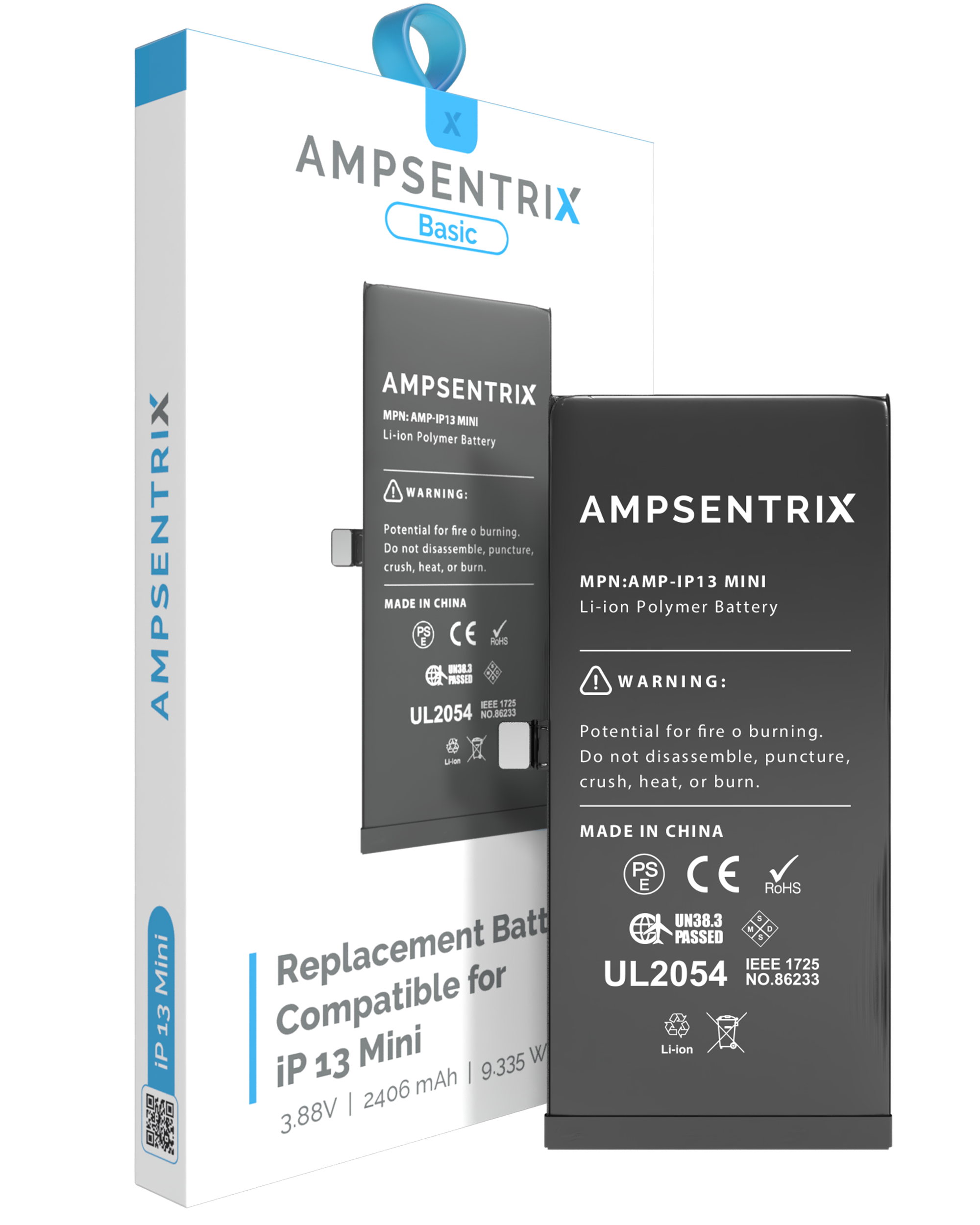 MobileSentrix Replacement Battery Compatible For iPhone 13 Mini (AmpSentrix Basic). Eksempelfoto, præcist leverandørvarenummer ikke bekræftet.
