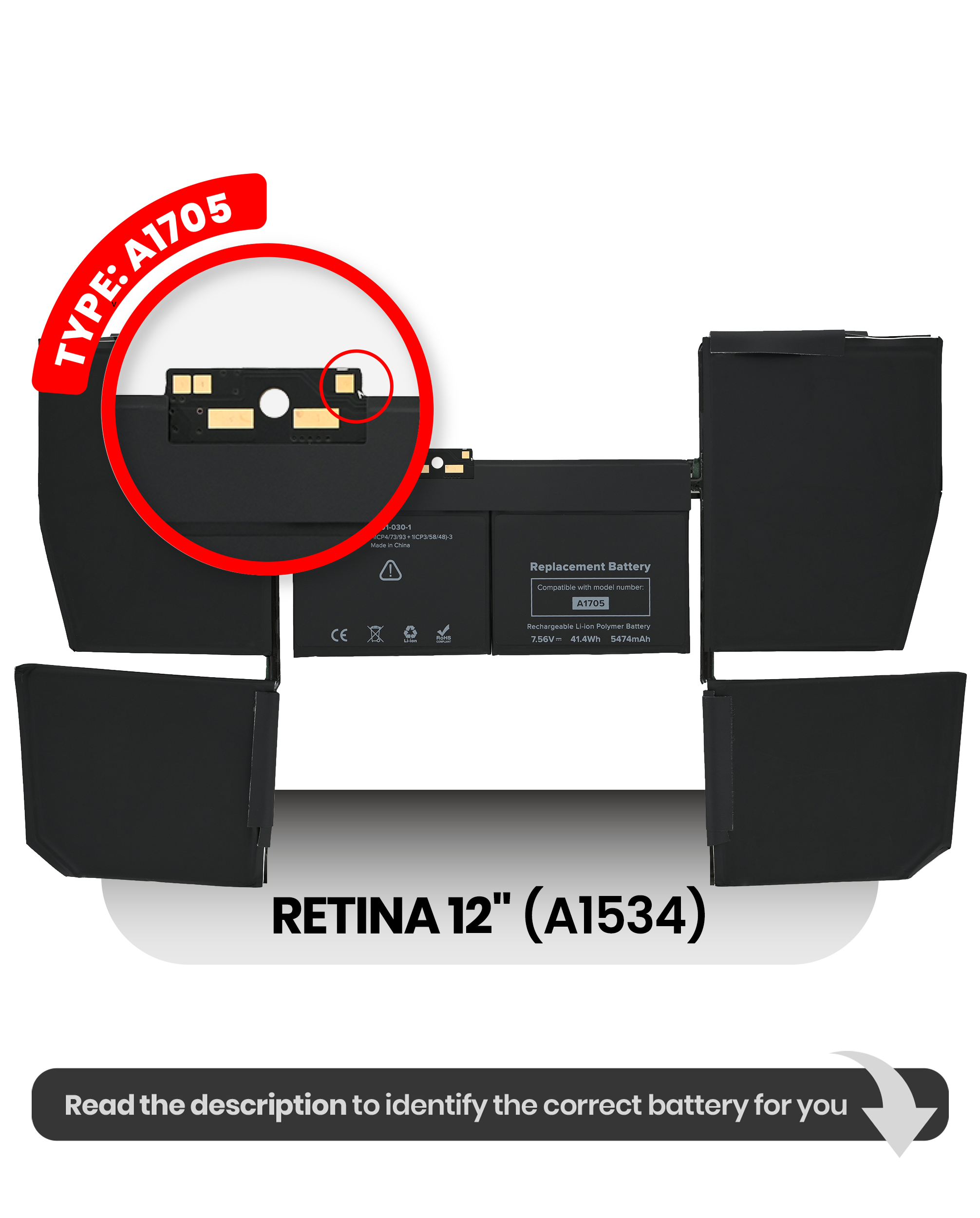 MobileSentrix Battery (A1705) Compatible For MacBook Retina 12" (A1534 Early 2016 / Mid 2017); eksempelfoto for MacBook-reservedel.