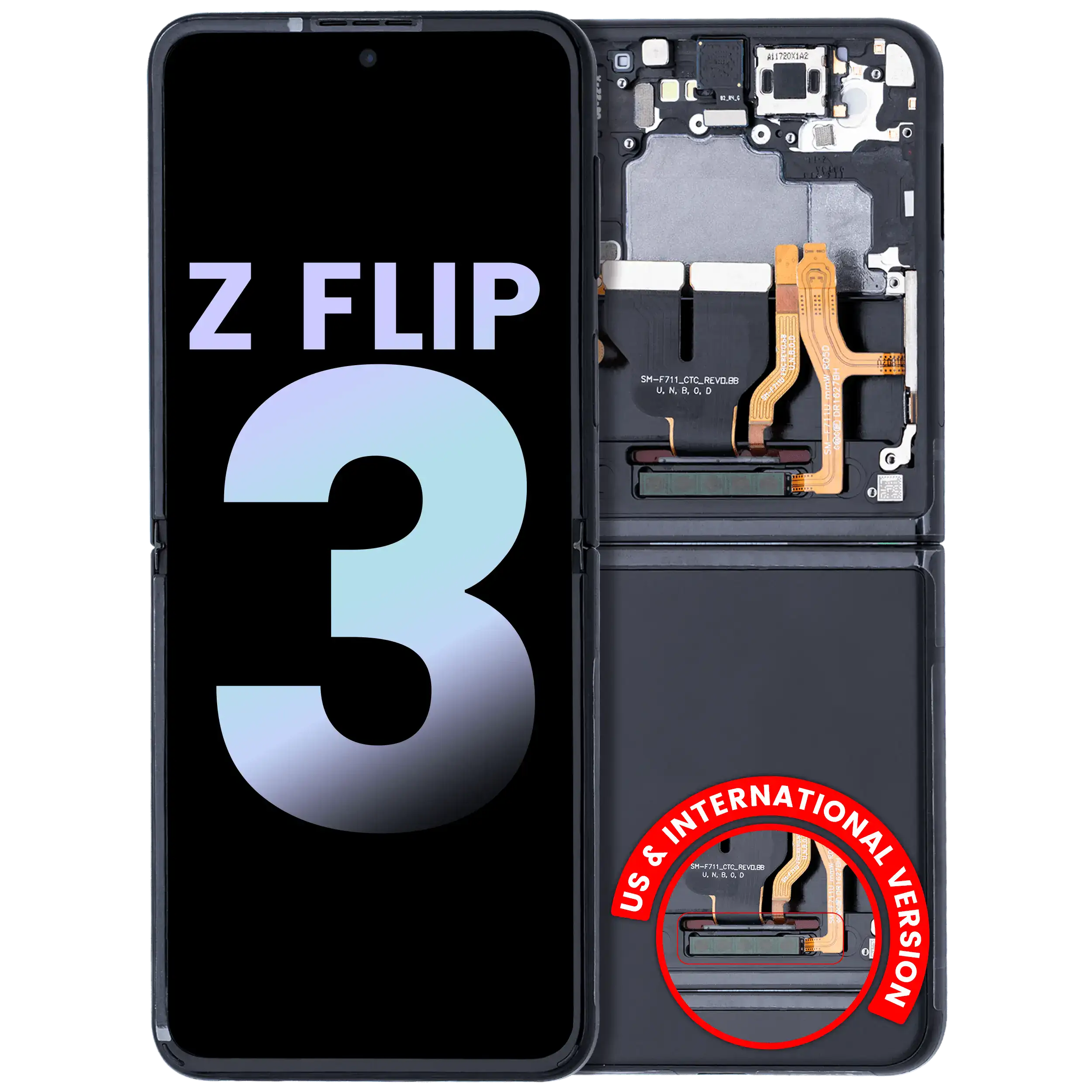 MobileSentrix leverandørfoto af Samsung Galaxy Z Flip3 original indvendig OLED-skærm med ramme Phantom Black